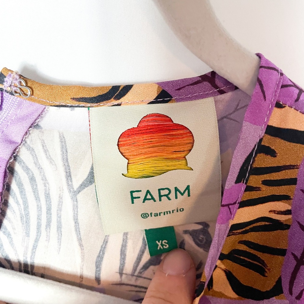 Farm‎ Rio Tiger Leaves Dress Purple Mini Tiered Short Puff Sleeve Casual Sz XS - Picture 6 of 9